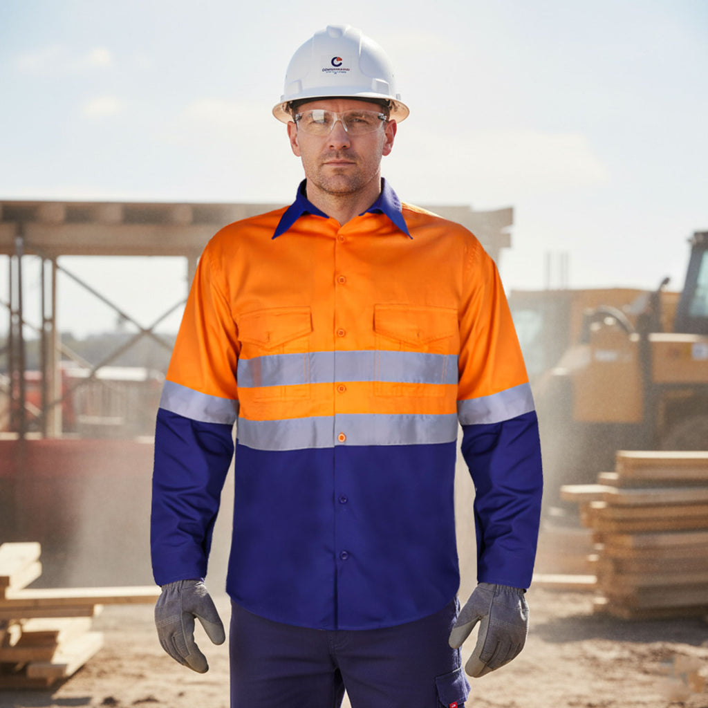 Hi-Vis Two-Tone Work Shirt — Orange/Navy with Reflective Tape (Long Sleeve)
