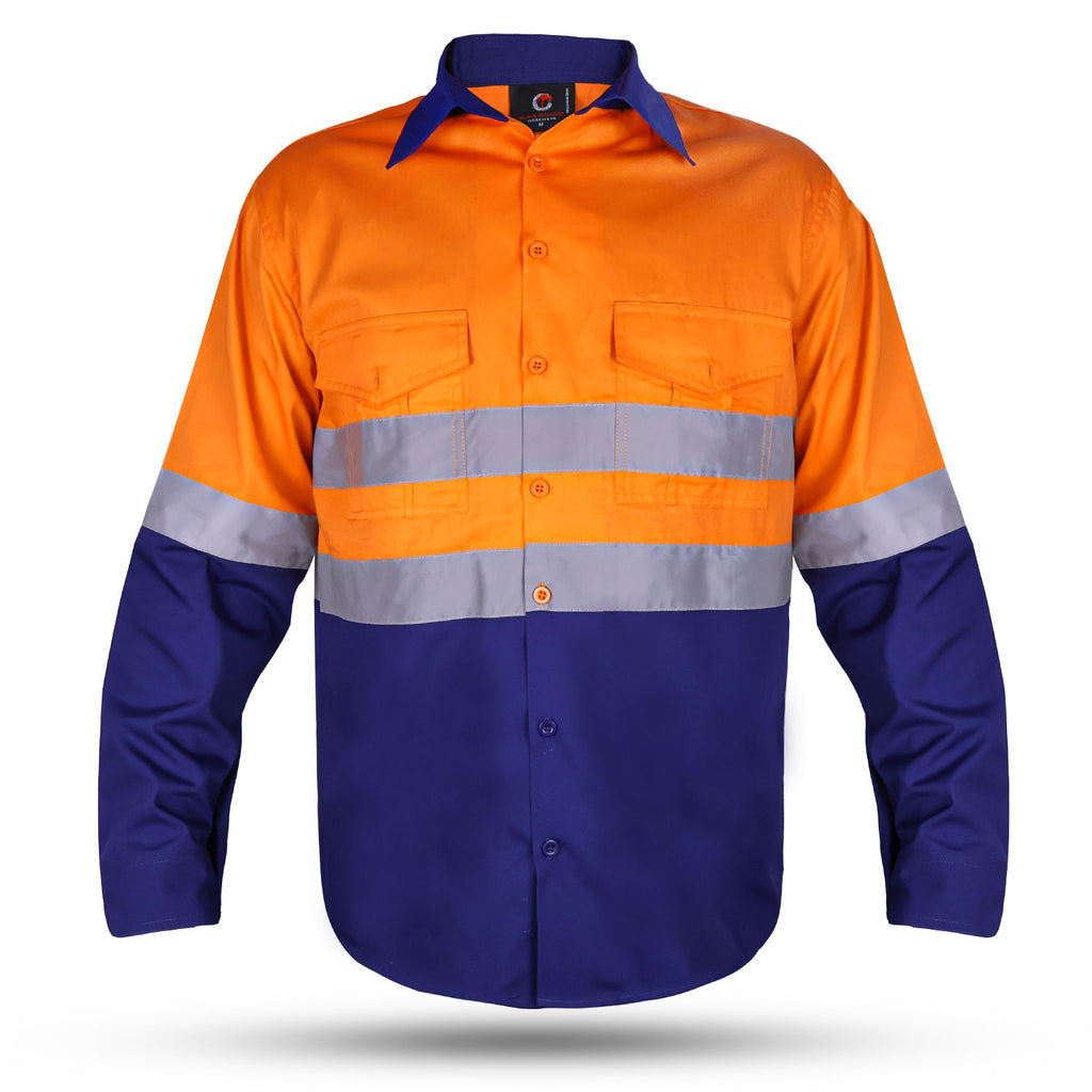 Hi-Vis Two-Tone Work Shirt — Orange/Navy with Reflective Tape (Long Sleeve)